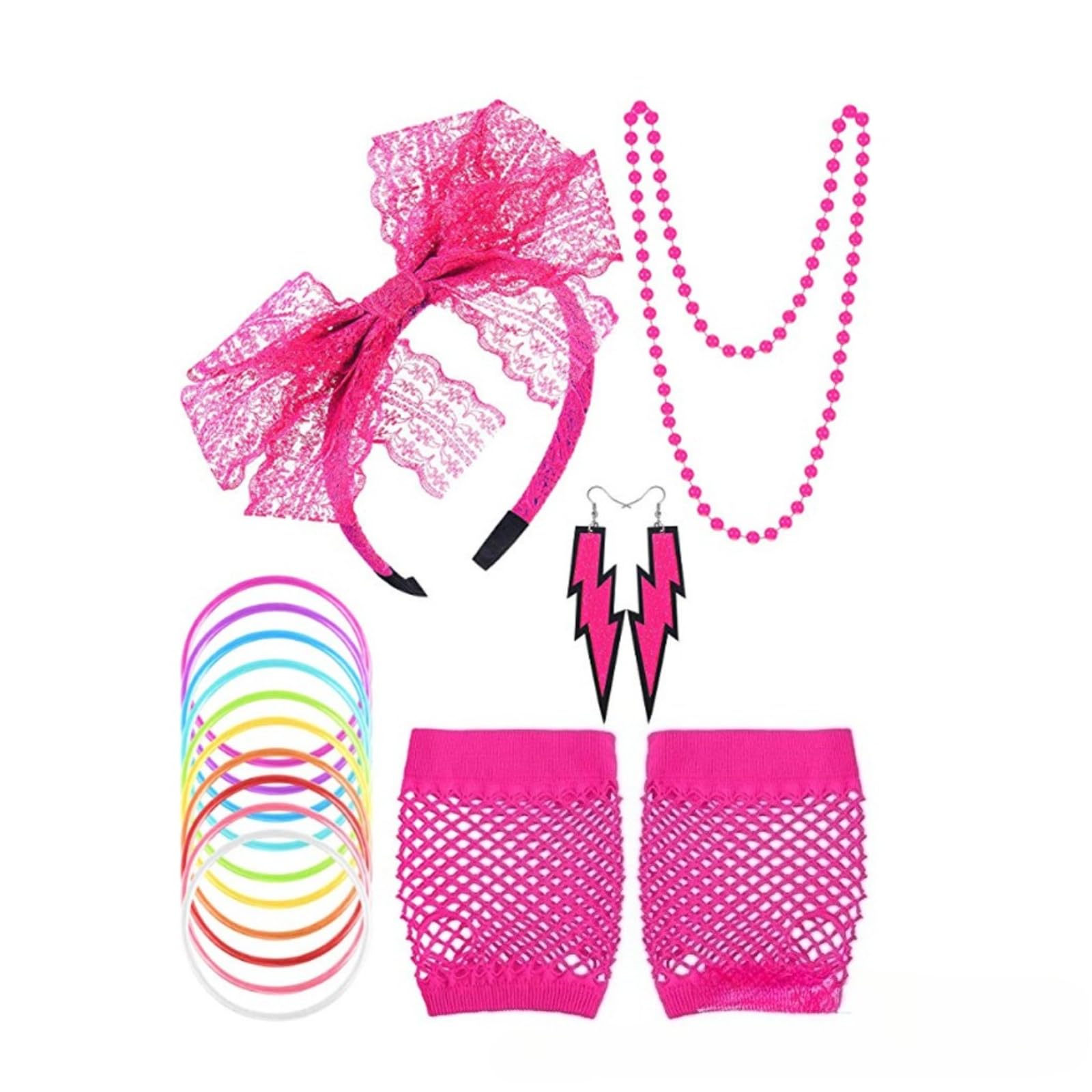 ASQzhuLIWing 7pcs 80s ladies and girls masquerade accessories rose red necklace earrings lace headband fishnet gloves adult party costumes suitable for party carnival role play