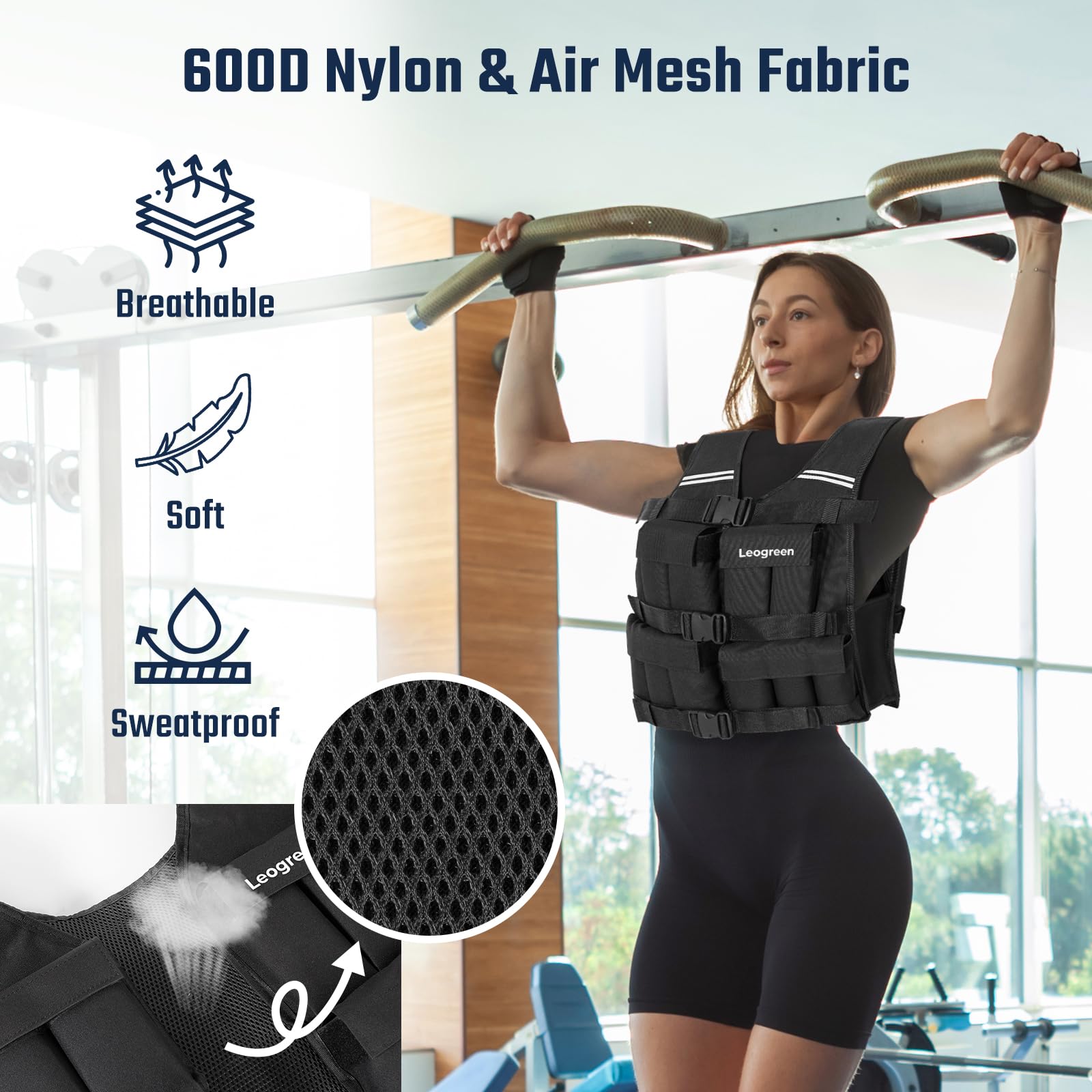 Leogreen Gilet Lesté 10kg/20kg, Veste Lestée Réglable avec 20 Packs de Poids Amovibles, Bande Réfléchissante, pour Homme Femme la Course à Pied, Entraînement en Force et Endurance