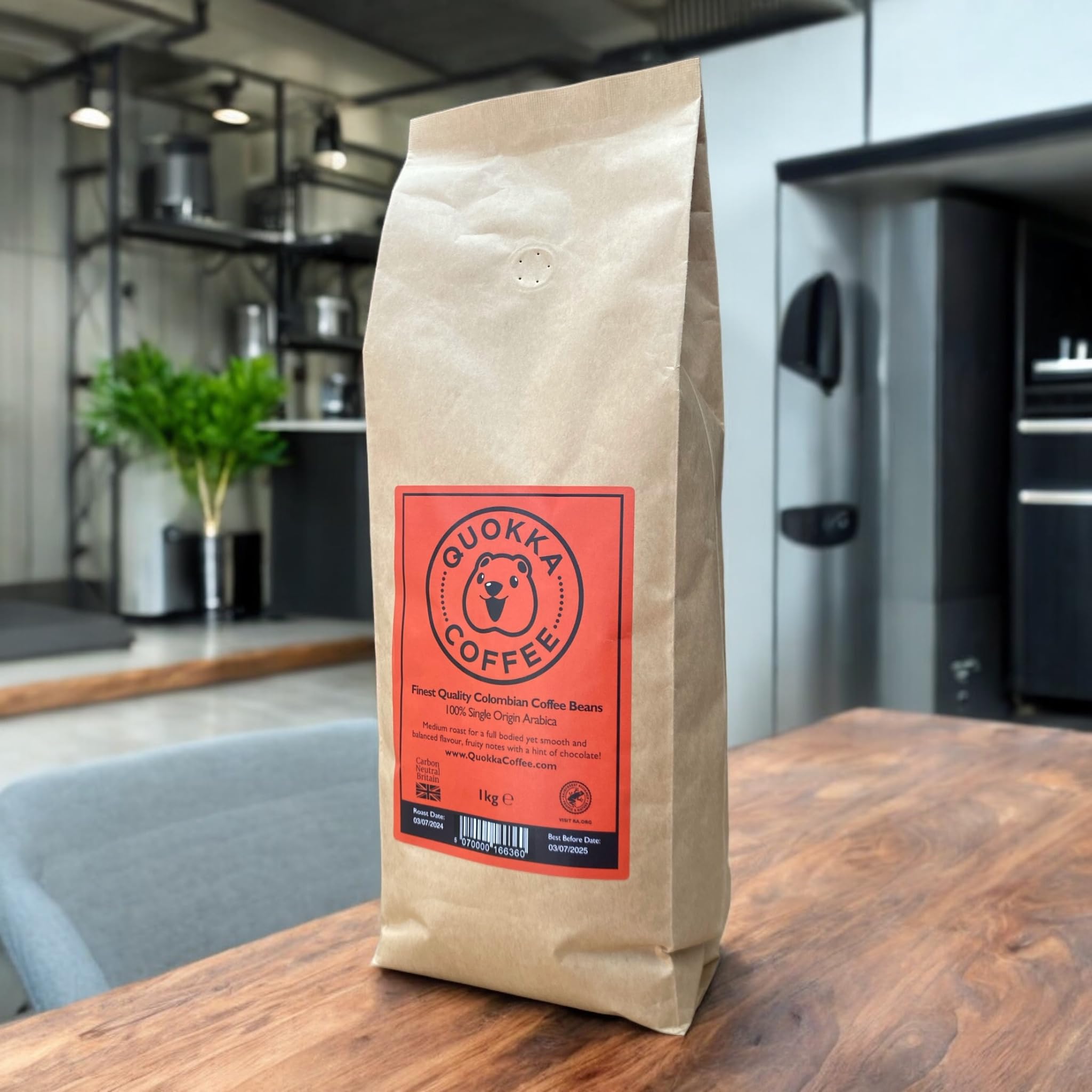 Quokka Coffee Café en grano entero 300 g/1 kg, 100% arábica colombiana, granos de café especiales de tostado medio, certificado Rainforest Alliance, carbono neutro, origen único (6 x 1 kg, colombiano)