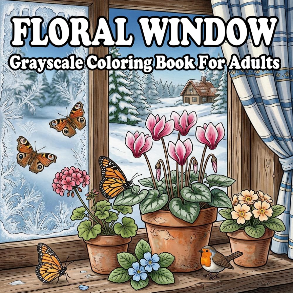 Floral Window Coloring Book: 100 Beautiful Cozy Window Designs with Flower Pots, Butterflies, and Cottage Garden Charm