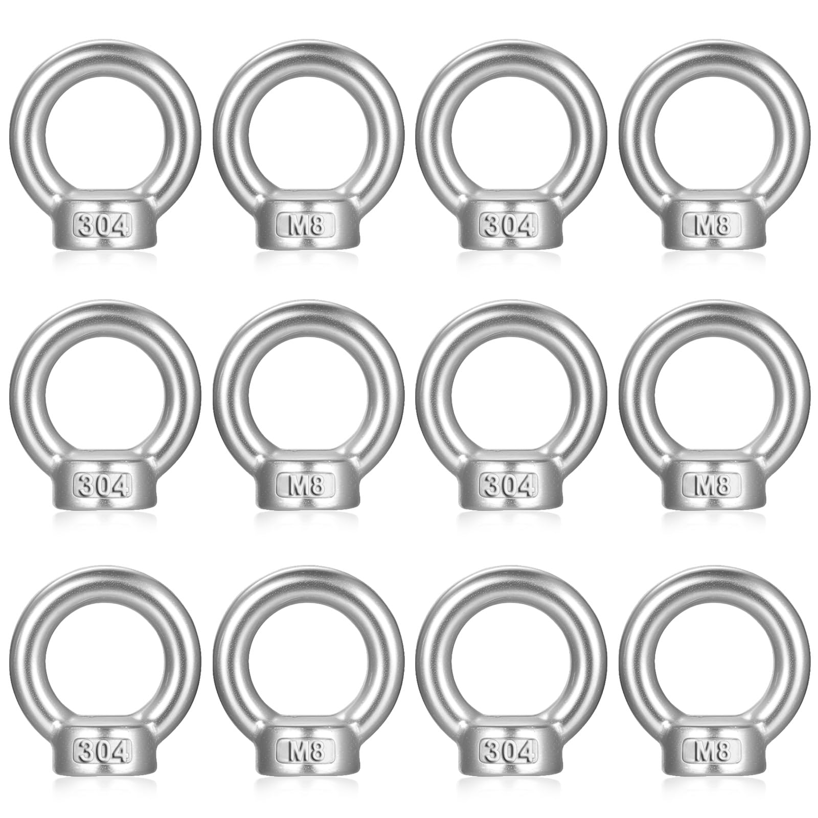 12 Pcs M8 Lifting Eye Nuts, M8 Eye Bolts, Stainless Steel Lifting Ring Nuts, Female Threaded Nut Set for Engineering Port Fixing Marine Hardware Accessories