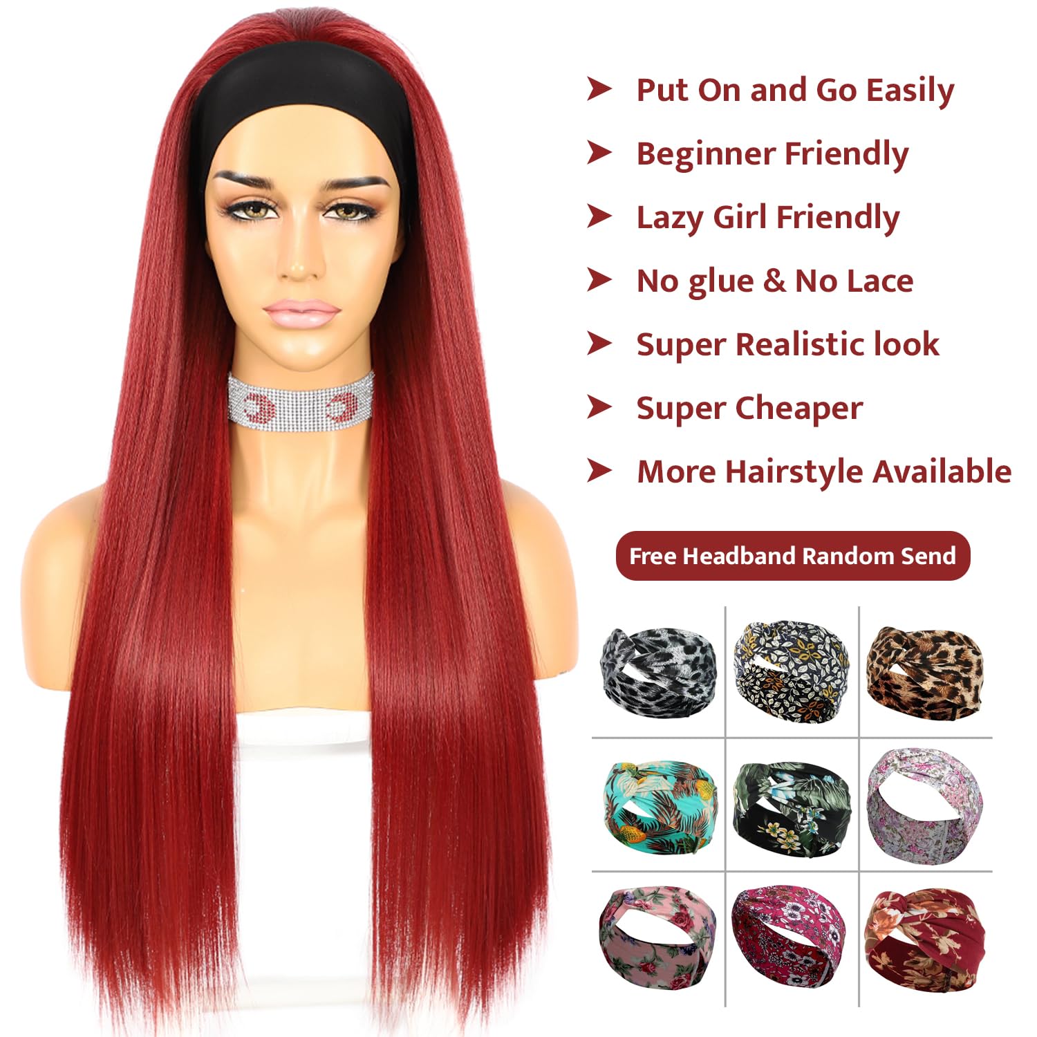 SAPPHIREWIGS Straight Headband Wig Long Red Synthetic Headband Wigs for Black Women Glueless None Lace Front with Headband Attached for Cosplay Party Costume Daily Use 26 Inch