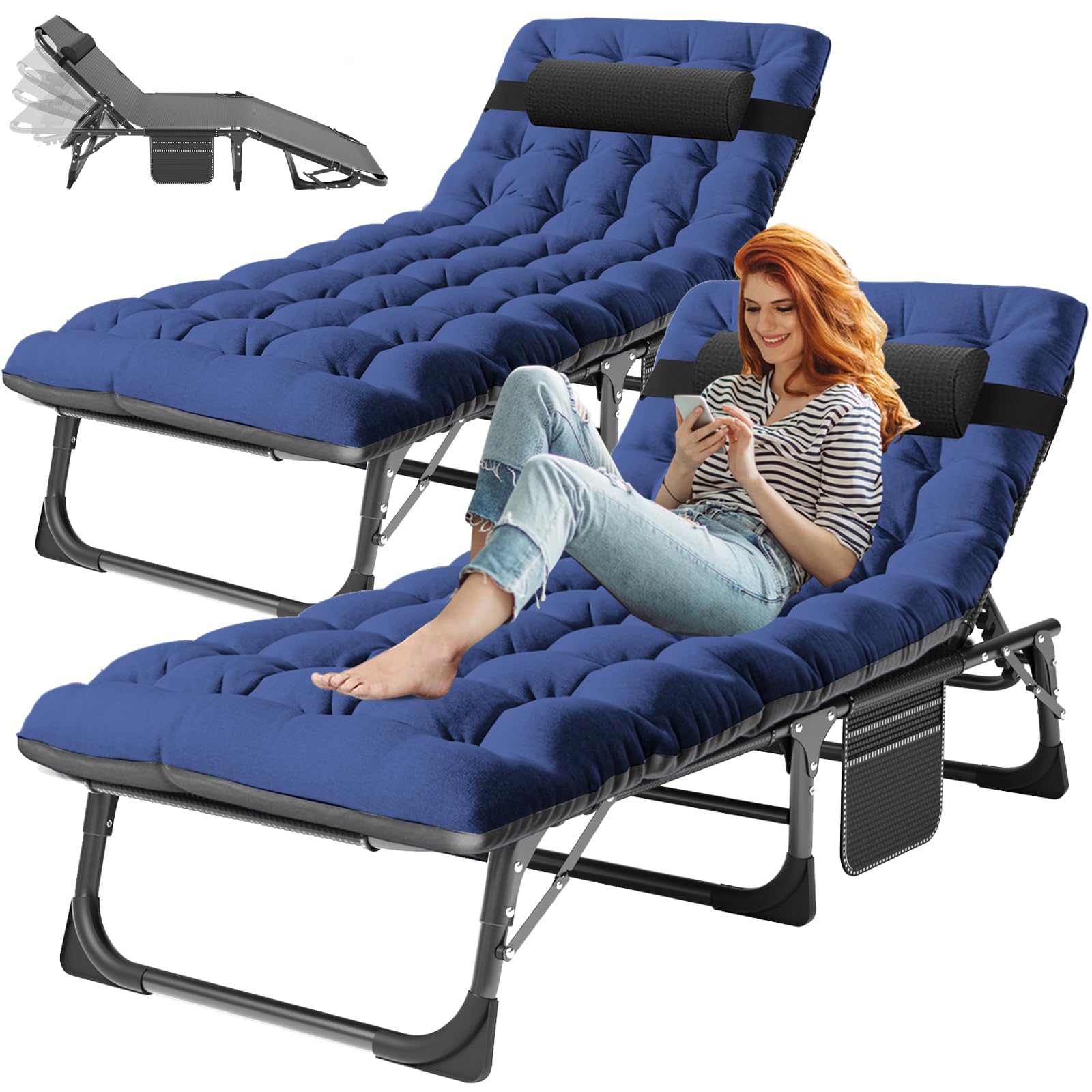 ABORON 3-in-1 Folding Patio Lounge Chair, 440LB Heavy-Duty Tri-Fold Guest Bed with Plush Cotton Cushion, No Assembly Adjustable Recliner for Office Nap, Patio Sunbathing, Poolside &amp; Camping