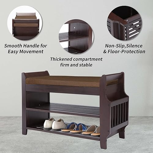 Miniatura 40 de Banco de zapatos de bambú con 3 ganchos laterales, cojín gris extraíble, almacenamiento de zapatos de entrada de 2 niveles, 37.4 x 11.4 x 19.3