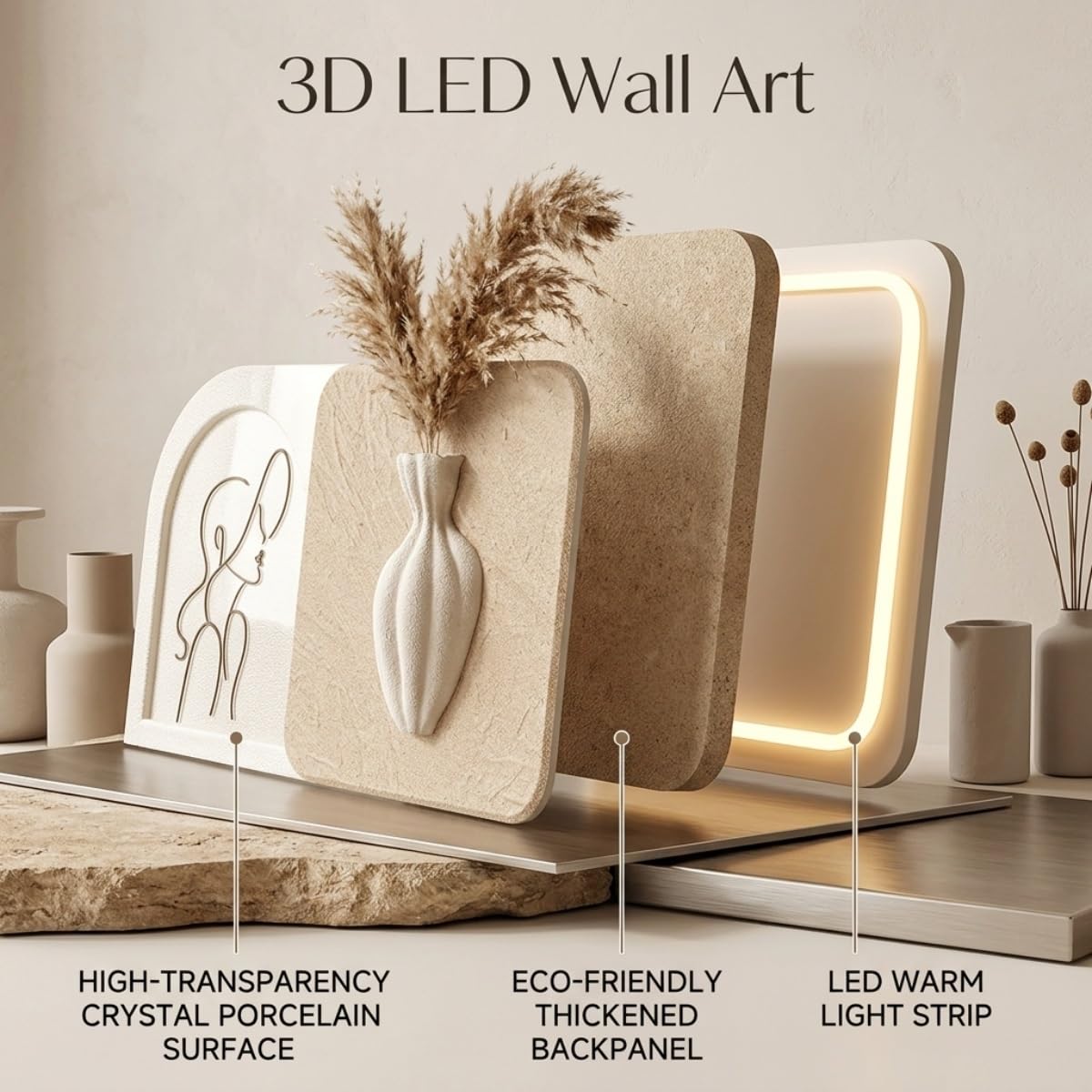 LED Wall Art with Vase, 3D Wabi-Sabi Style Wall Sculpture with Light, Modern Frameless Lighted Wall Decor for Living Room, Bedroom and Entryway(C,90 * 45cm/35.4 * 17.7in)