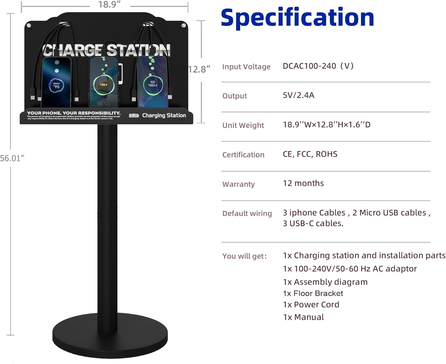 Floor Standing Cell Phone Charging Station with Fast Charigng Cables – 8 Device Charging Dock for Office, Hotel & Public Spaces | Compatible with iPhone ipad Smartphone Tablets Android Port (Black)