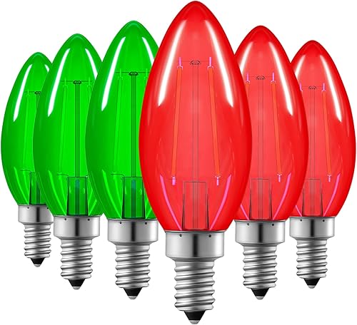 EDISHINE Bombilla de luz roja y verde regulable, equivalente a 5 W a 60 W, bombilla de filamento LED C35, enchufe E12, bombilla Edison de vidrio