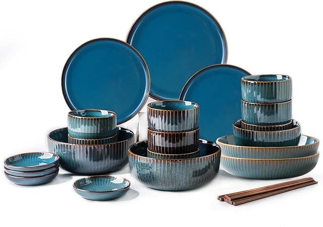 Dinner Set for 8 People, Blue Plates and Bowls Set, Porcelain Tableware Sets, Stylish Kitchen Dinnerware Sets for Family, Party, Christmas(28PCS)