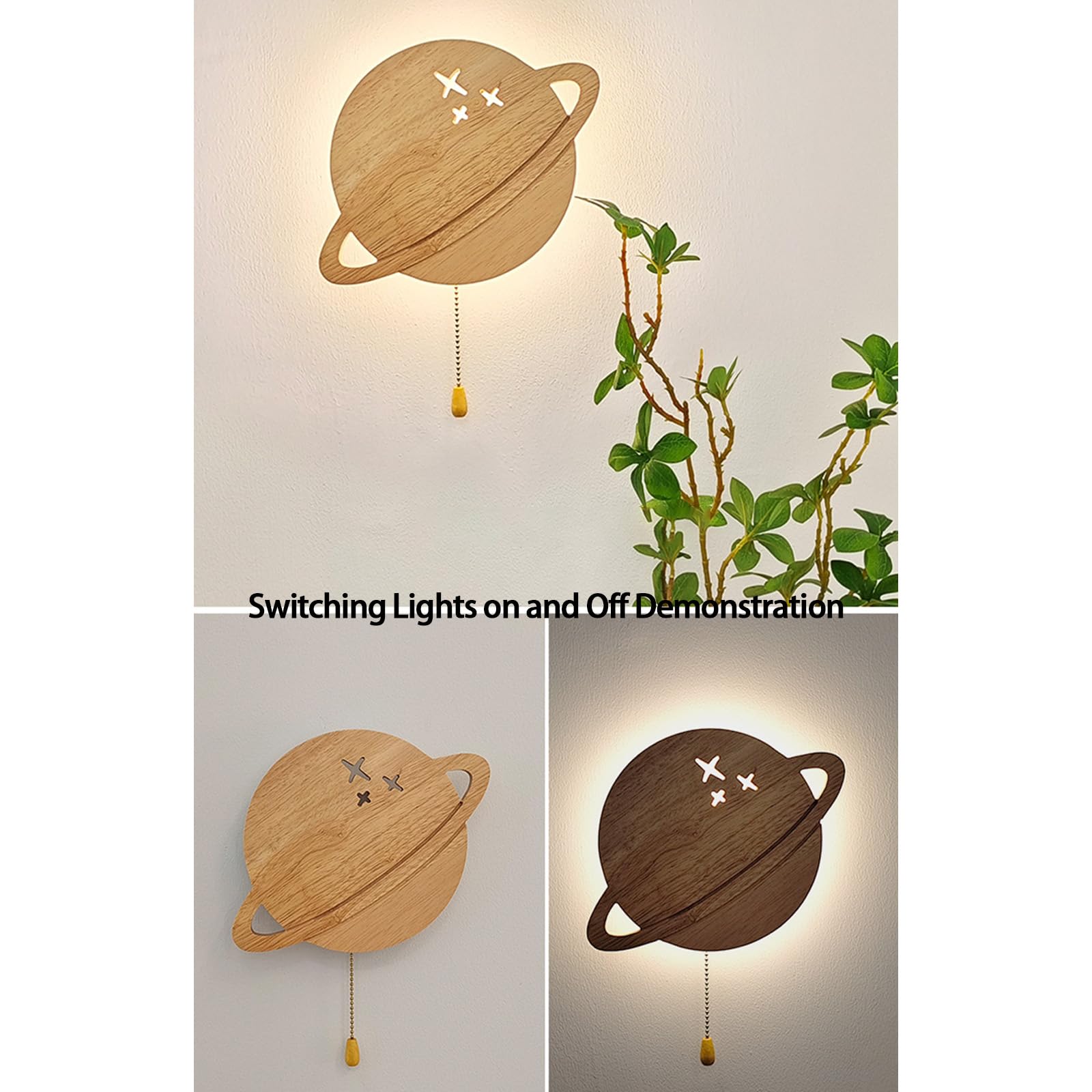 LED Habitación Infantil Aplique de Pared con Interruptor de Cadena Luz de Pared 3000K/4000K/6000K Regulable Lámpara de Pared Madera Maciza/Acrílico para Dormitorio (D)
