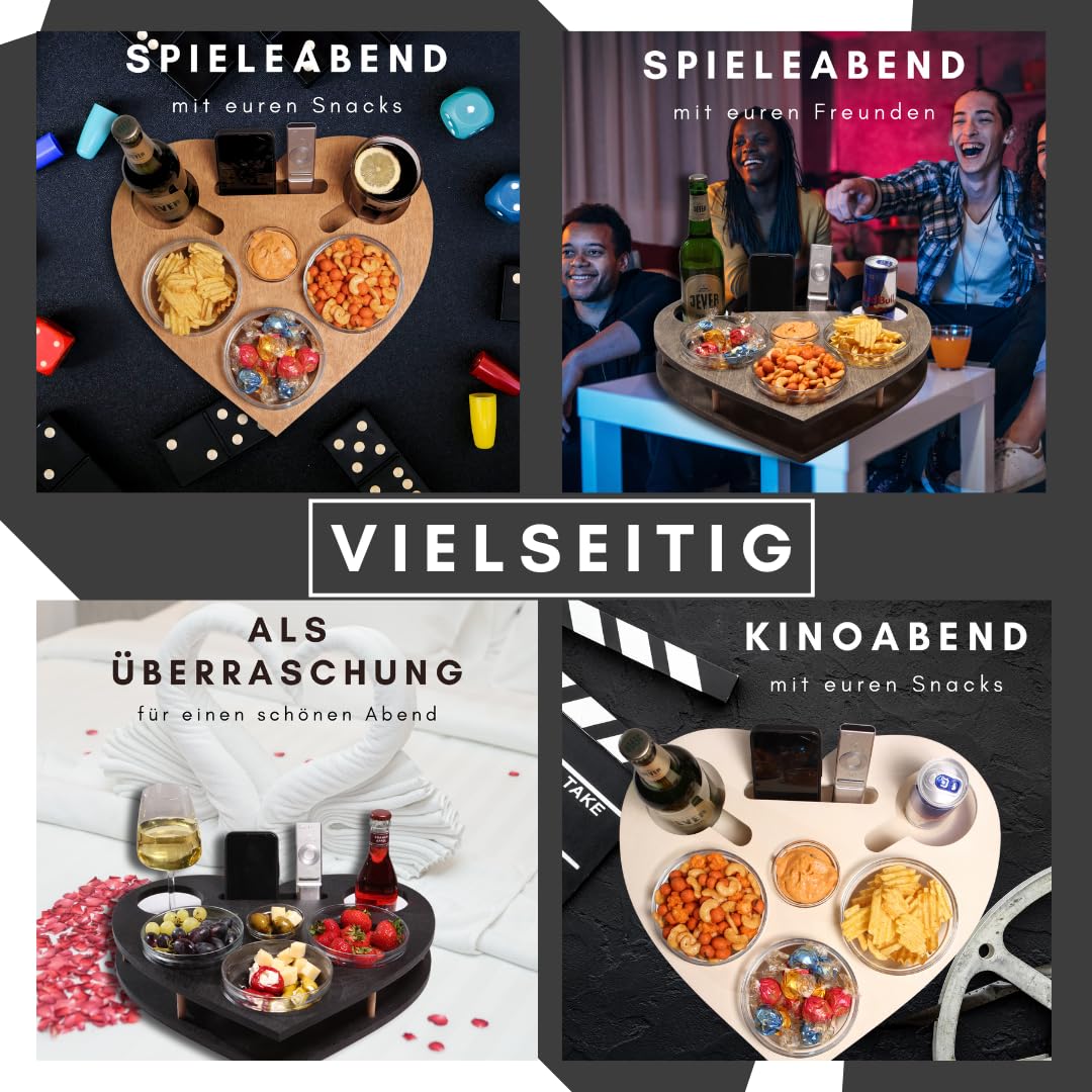 Herz personalisierte Couchbar in Weiß - Couch Bar Snackbar - Snackbox mit 4 Glasschalen - Getränkehalter für das Sofa -Sofatablett für Snacks & Getränke