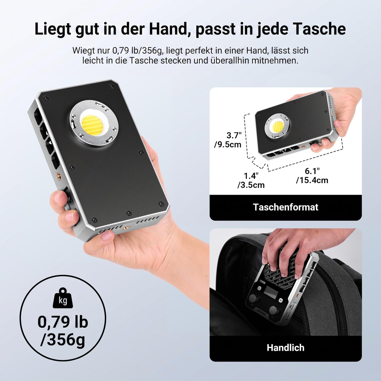 NEEWER 100W ultrakompaktes LED Videolicht mit App und Panel Steuerung, bi farbige COB Videoleuchte im Taschenformat mit konstanter Lichtleistung, 4 Dimmkurven, 2700K–6500K, CRI 96+, FS100B