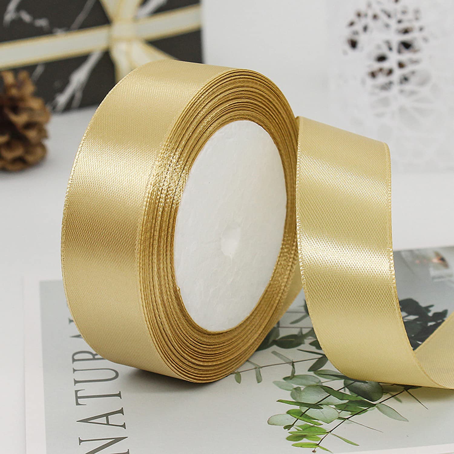 GUO-YING Nastro Di Raso Dorato,4Pcs 20 Mm×22 M, Decorazione per Regali, per Confezioni Regalo, Nozze, Feste Feste di Compleanno, Matrimoni Fai da te (oro champagne