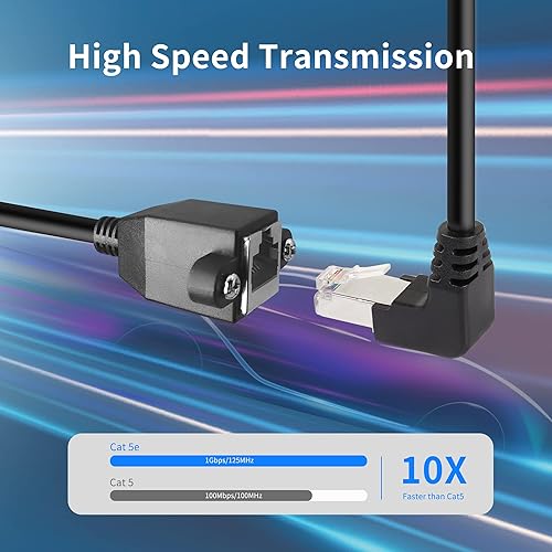 Miniatura 6 de QIANRENON Cable de extensión Ethernet de montaje en panel RJ50 10P10C de 90°, 10P 10C hembra a macho en ángulo recto, Cat5E, blindado, 11.8 in/11.8