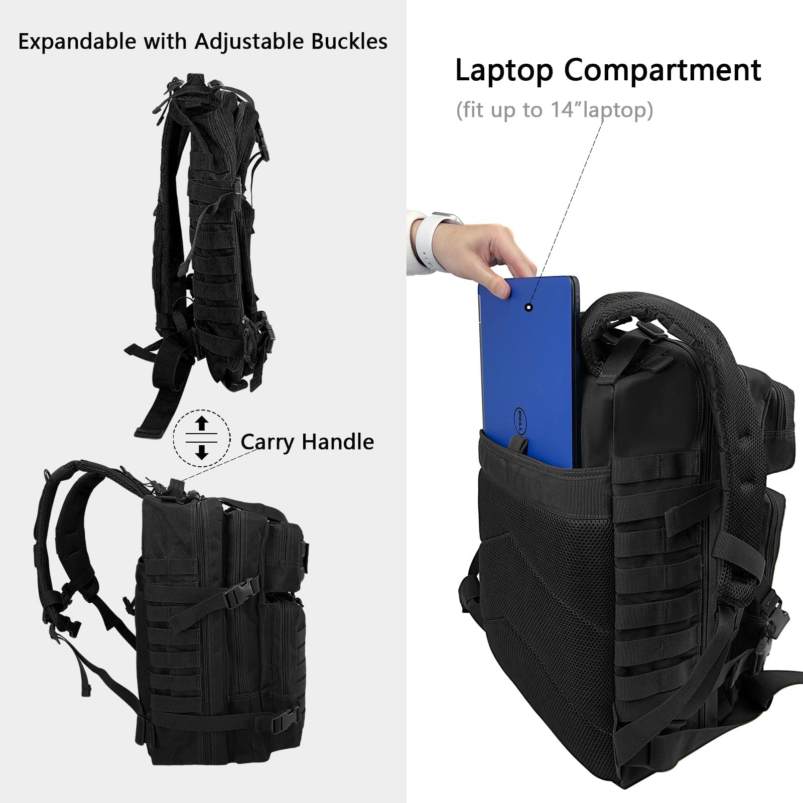 WOLT | Sac à dos tactique militaire pour homme, grand sac d'assaut de 3 jours avec sac MOLLE pour équipement de randonnée, sac de survie, sac de portée, noir, Large, ‎Sac à dos tactique