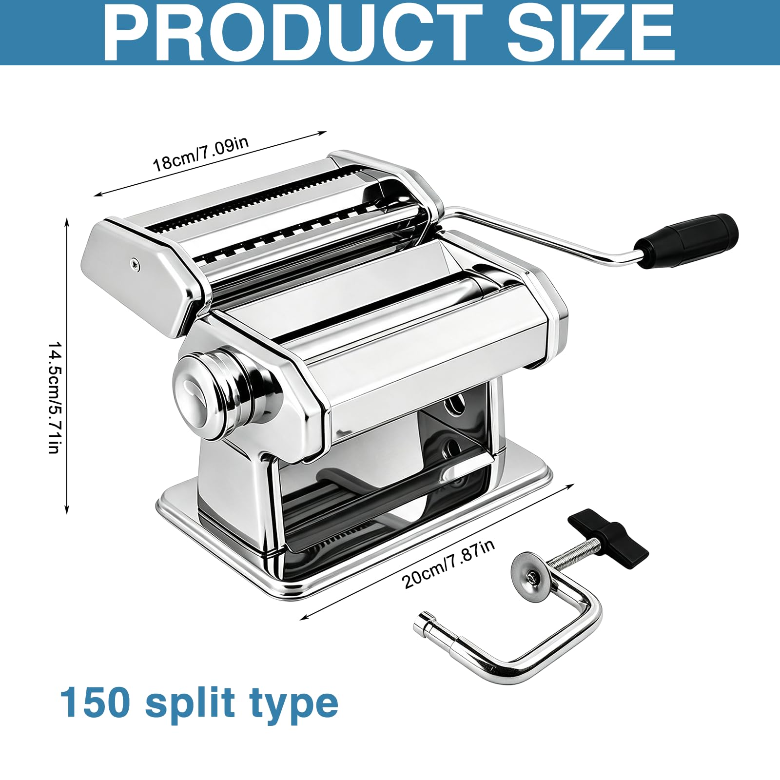 Máquina de pasta de acero inoxidable: máquina de pasta de acero de 150 mm con 9 grosores de masa y 2 anchos de corte, máquina manual de pasta para espaguetis, tallarines, lasaña, fettuccini