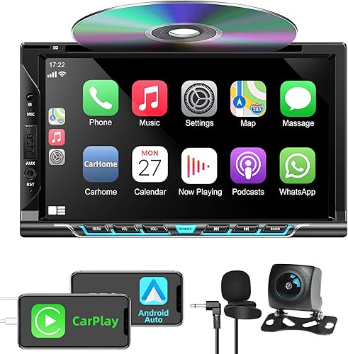 Estéreo de auto doble DIN con Carplay y Android Auto, pantalla táctil HD de 7 pulgadas, compatible con reproductor de CD y DVD, Bluetooth, cámara de