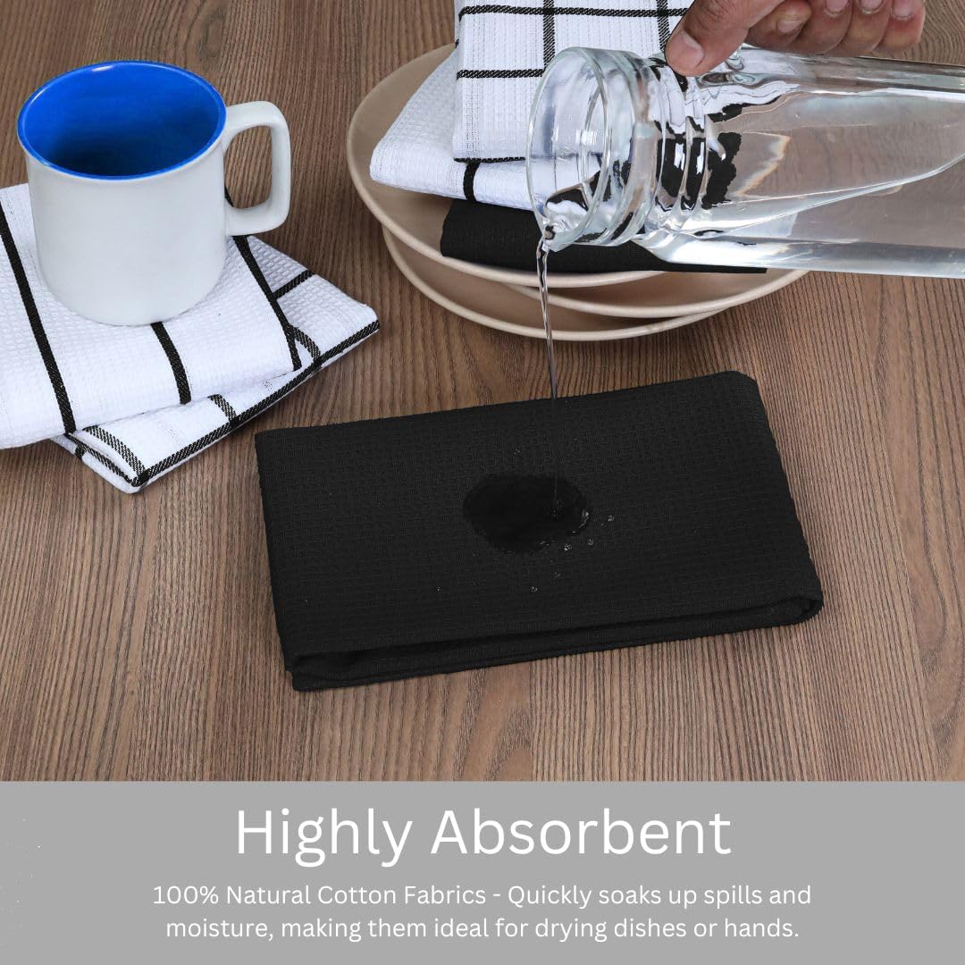Assorted Waffle Kitchen Towels Set of 6-100% Cotton Dish Cloths Towels with Hanging Loop - Soft, Absorbent & Washable for Kitchen Use - Quick Drying Dish Towels 16x26 Inch Black - Image 5