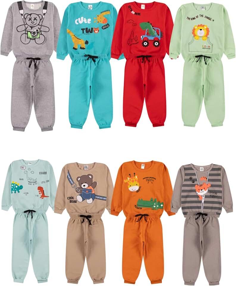 Kit Sortido 4 Peças Moletom Peluciado Menino Bebê Inverno - 2 Conjuntos Moletom Masculino Infantil Flanelado para Frio