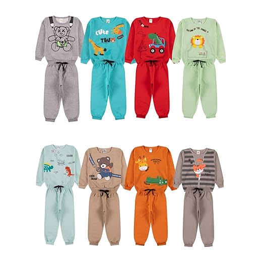 Kit Sortido 4 Peças Moletom Peluciado Menino Bebê Inverno - 2 Conjuntos Moletom Masculino Infantil Flanelado para Frio