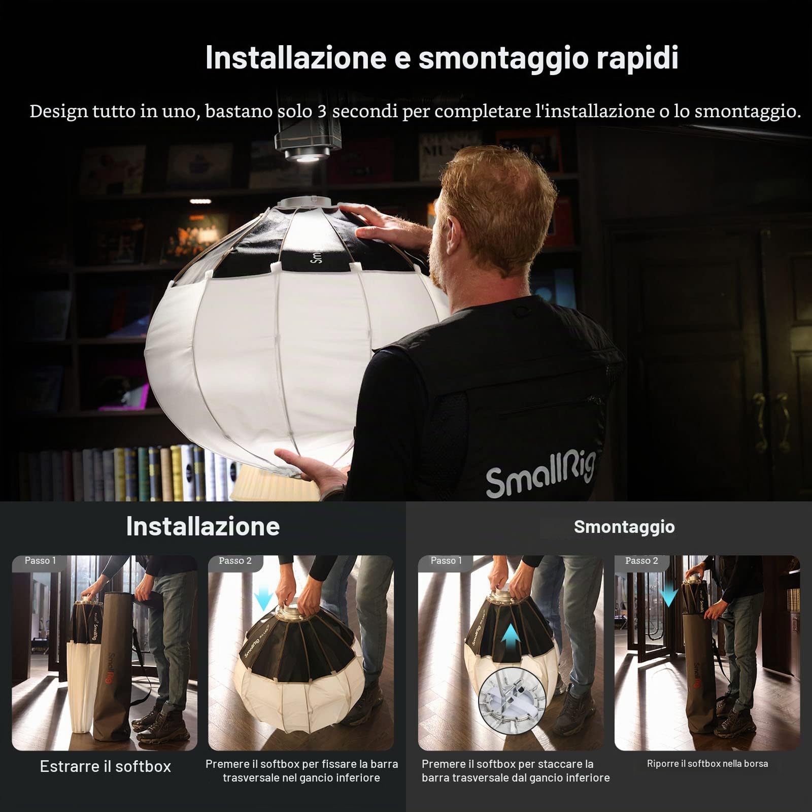 SMALLRIG Lanterna Softbox Modificatore di Luce Soffusa con Porte in Tessuto, 65 cm Compatibile con SMALLRIG Video Light 120B, 120D, 220B, 220D e Altre Luci Bowens Mount - 3754