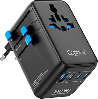 Ceptics 6 in 1 International Power Adapter with PD 140W USB-C, 1x USB-A, 3X Type C, Universal Input and 1x USA/JP Input with Type A, C, G, I Plug outlets for Global Travel – CE & RoHS Certified