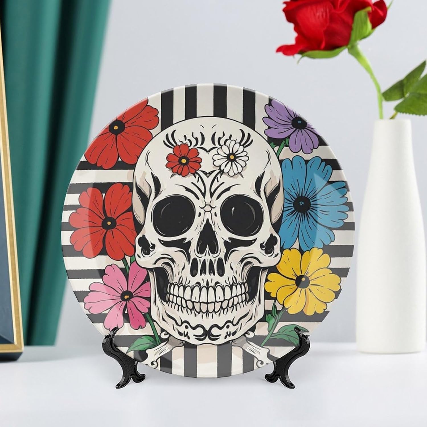 Skeleton And Flower Black And White Ceramic Decorative Plate for Office Decor, Chinese Style Decorative Dish with Stand, Dinner Dish Decorative Plates for Wall Hanging Bone Collections Plates 10inch