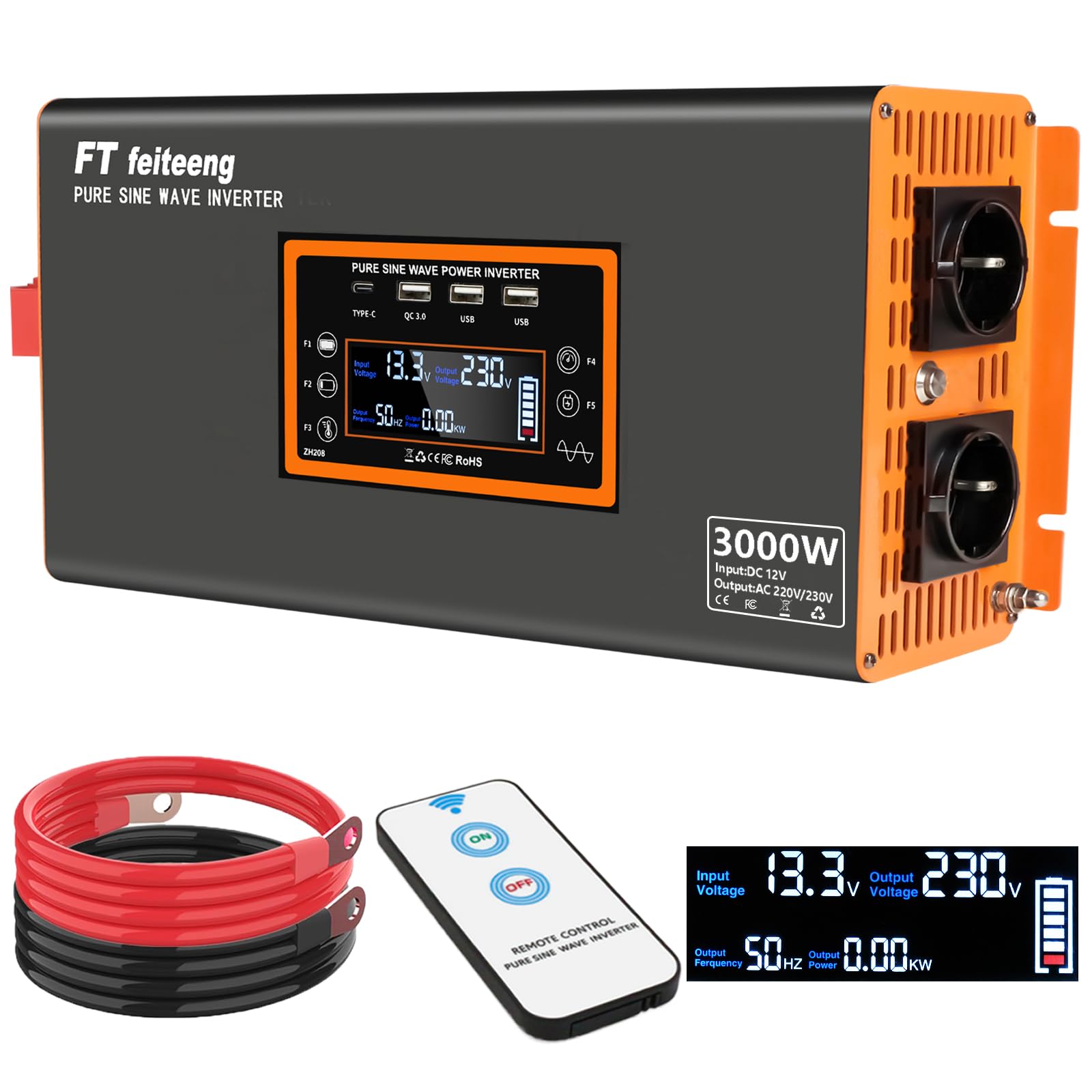 Invertitore di potenza sinusoidale puro da 3000 W, convertitore AC da 12 V DC a 220 V/230 V con display LCD, connettore USB-C e porta QC 3.0 per veicoli di emergenza da campeggio, camion