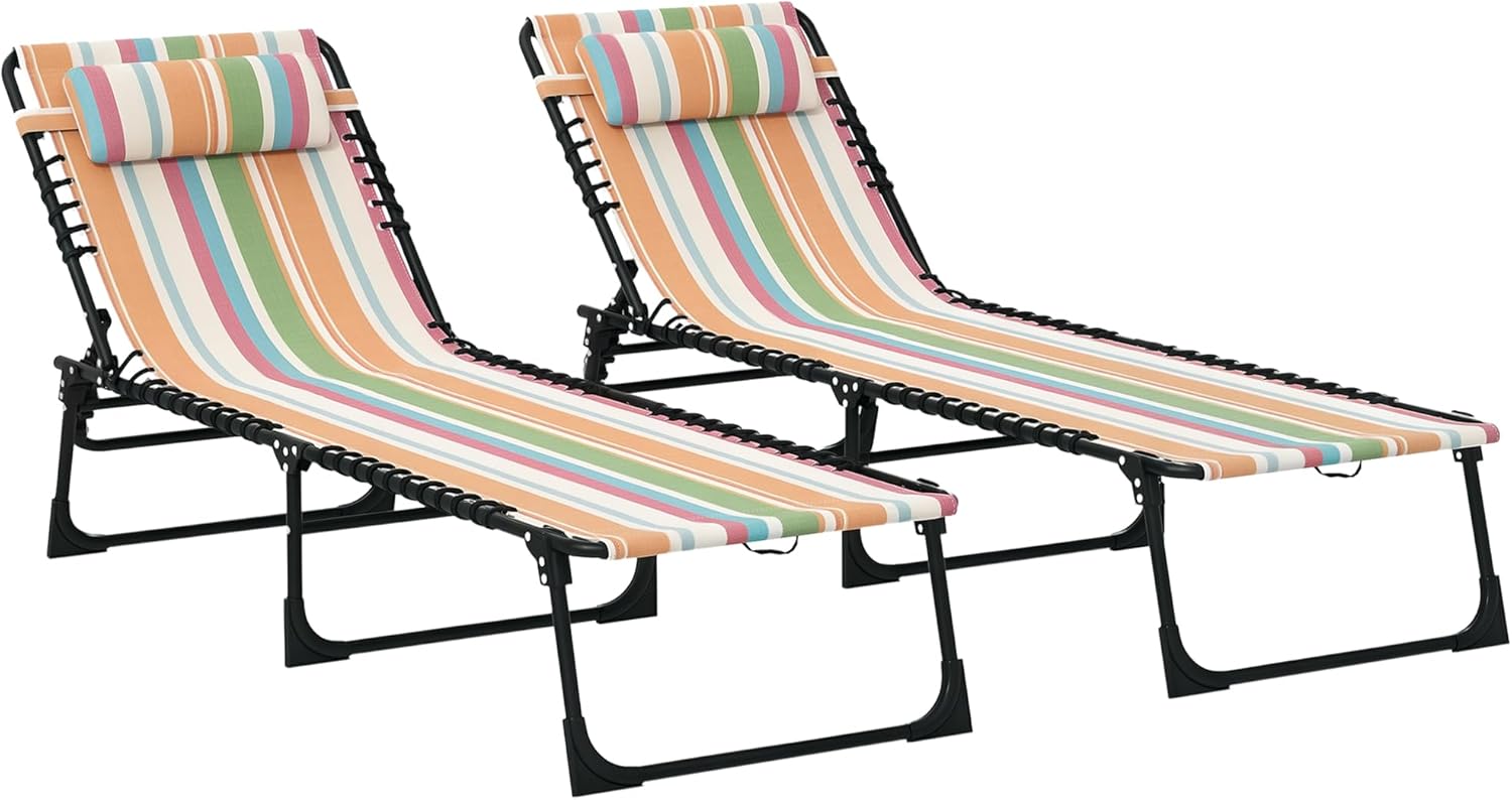 Outsunny Folding Chaise Lounge Chair Set of 2, 4-Position Reclining Outdoor Sun Loungers, Breathable Mesh Poolside Tanning Chairs, Rainbow Striped, Portable