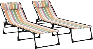 Outsunny Folding Chaise Lounge Chair Set of 2, 4-Position Reclining Outdoor Sun Loungers, Breathable Mesh Poolside Tanning Chairs, Rainbow Striped, Portable