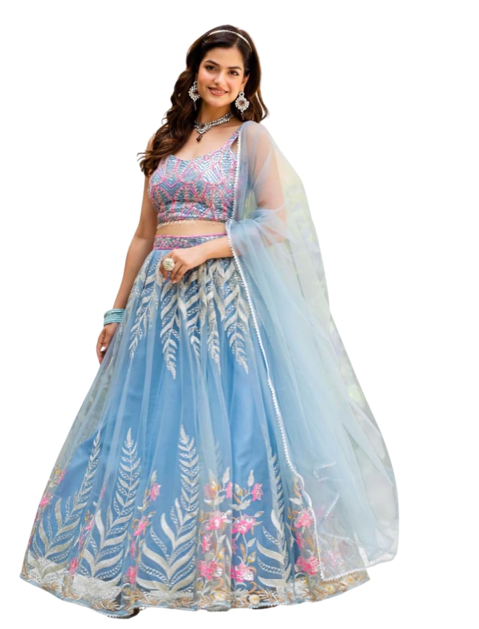 jihu culture Sky Blue Net Zari Sequence Embroidery Work Lehenga Choli For Women's.-picture-34