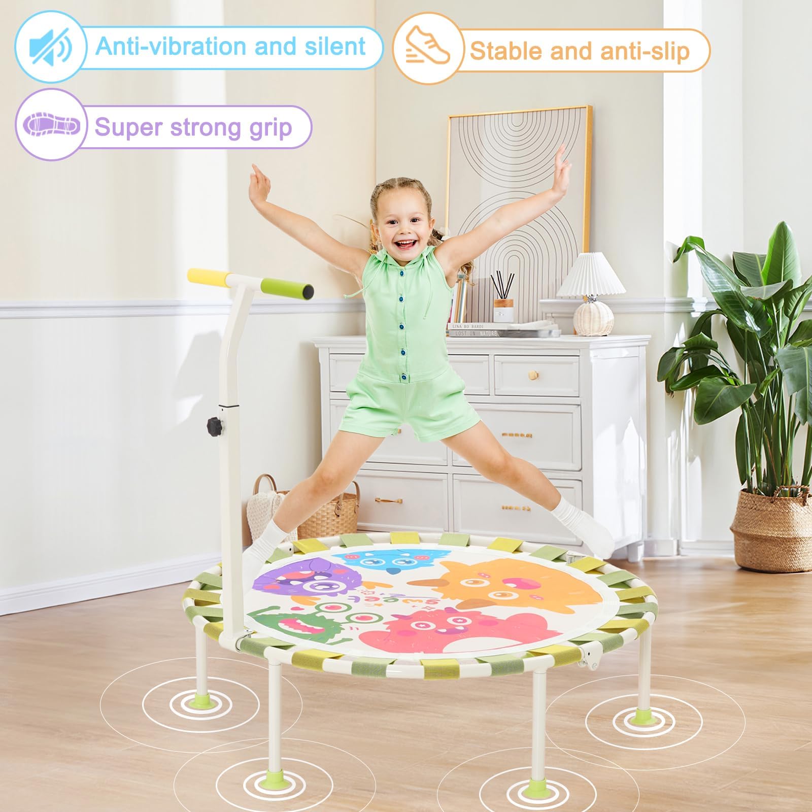 Trampolino per Bambini da Interno e Interni Ø101cm,Trampolino Elastico Fitness Pieghevole con Manico in Schiuma Regolabile in 3 Posizioni e Ventose Antiscivolo,Tappeto Elastico Bambini, Portata 80 kg
