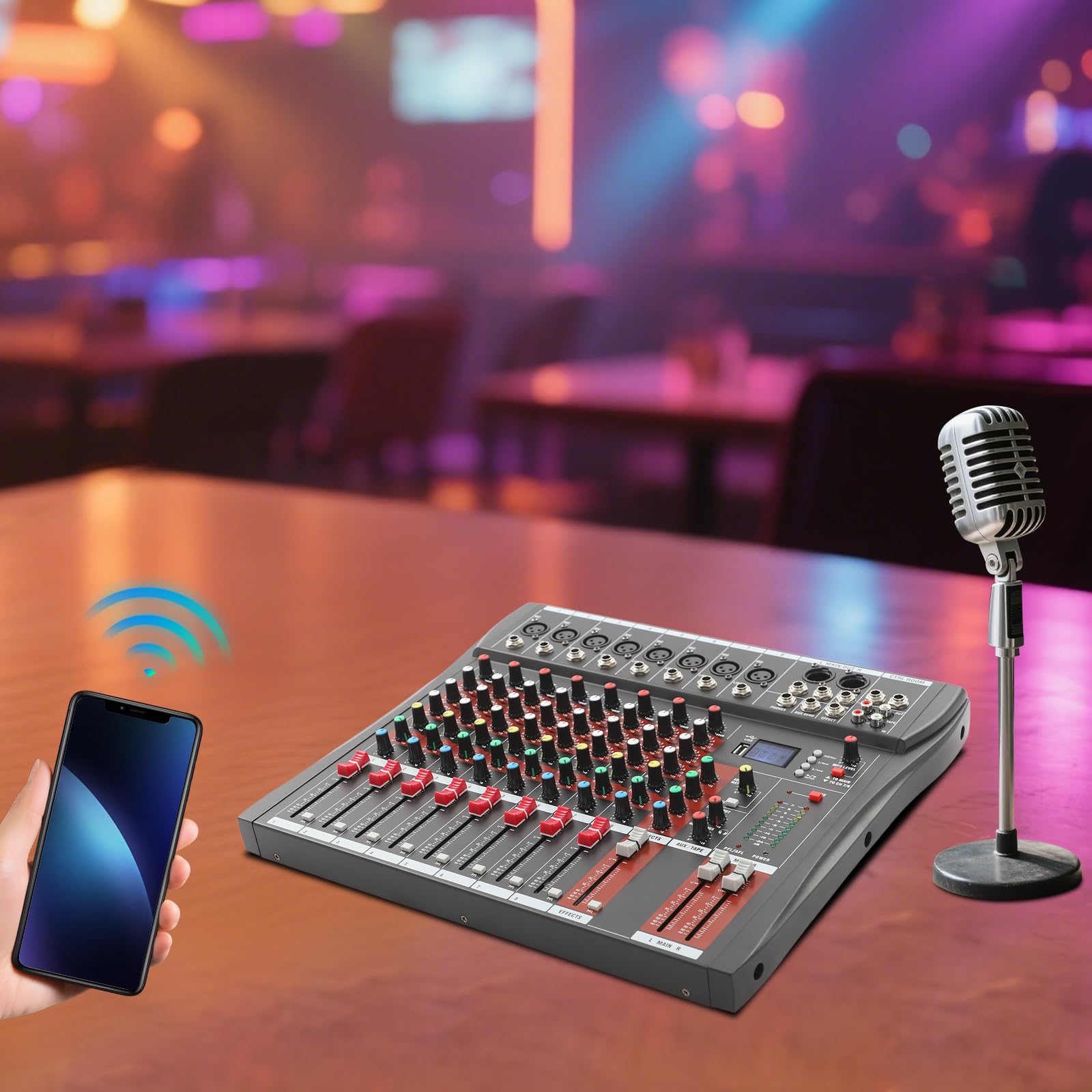 Professionelles 8-Kanal-Mischpult, Stereo Sound Mischpult DigitalAudio Mixer Verstärker mit USB MP3 Bluetooth Eingang 48V Phantomspeisung für Aufnahme DJ Bühne Musik Anwendung