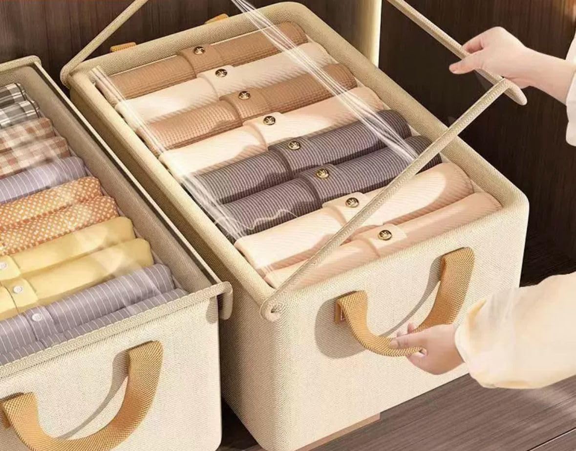 HomeCloud Foldable Cloth Basket for Storage with Metal Frame and Handles, Clothes Organizer for Wardrobe, Clothing Storage Solutions, (Beige_With_Lid, Pack Of 1)