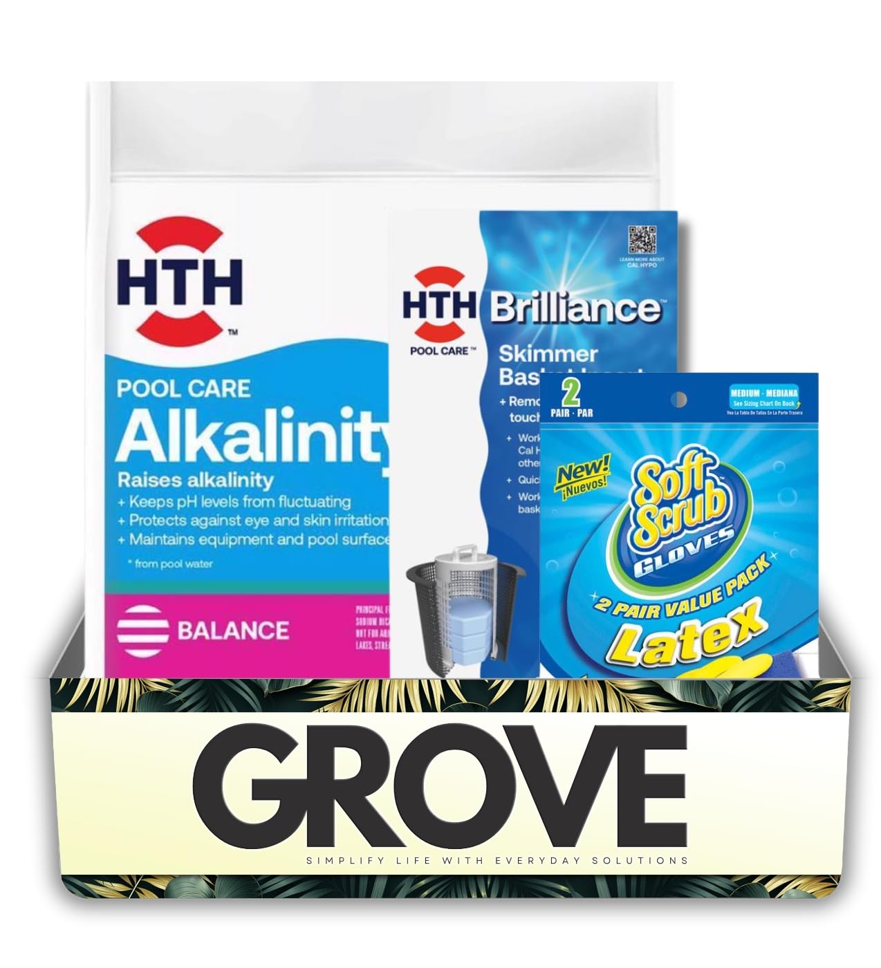 HTH Pool Care Granule Alkalinity Increaser for Swimming Pools 5 lb Bundle with Skimmer Basket Insert & Cleaning Gloves – Maintains Pool Water Balance and Clarity – Gift Set (3 Items)