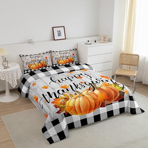 Miniatura 2 de Juego de edredón de calabaza y hojas de arce tamaño matrimonial, juego de edredón de Feliz Acción de Gracias para niños y niñas, juego de edredón de