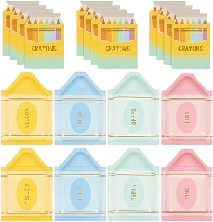 FYSUIMU Pastel Back to School Crayon Shape Tableware 4 Colors Paper Plates and Napkins for First Day of School Graduation Kindergarten Party Supplies, 48Pcs, Serves 24