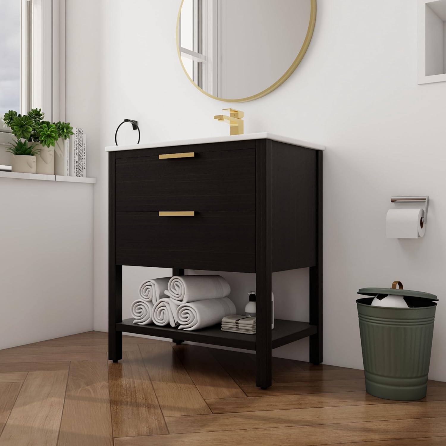 30" Black Bathroom Vanity with Sink, 30 Inch Freestanding Vanity, Single Sink Bathroom Vanity Combo, Modern Floor Stand Storage Cabinet Set, Black(010)