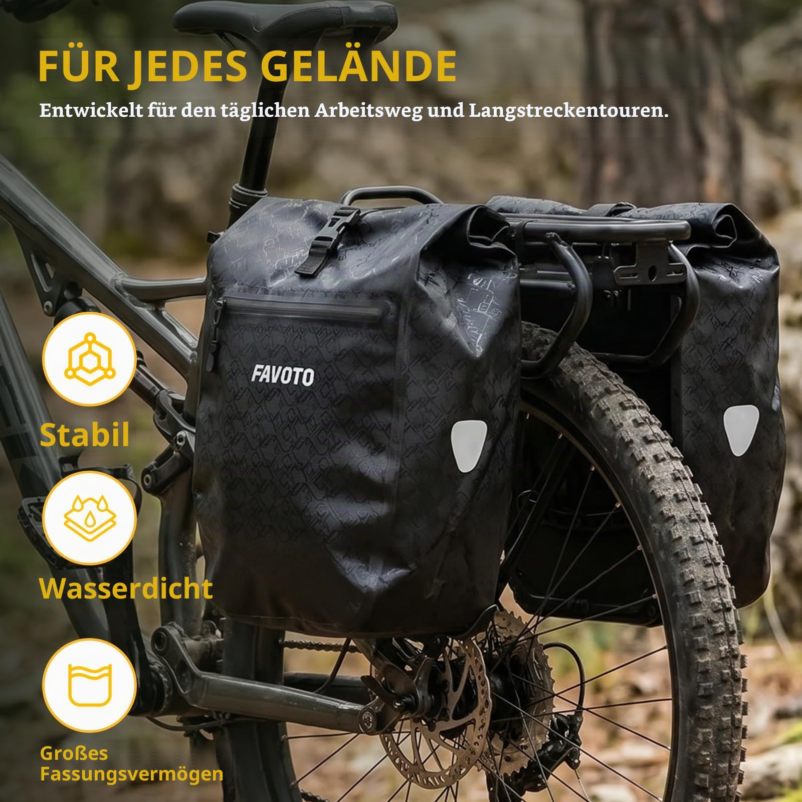 Favoto Fahrradtaschen Hinten Gepäckträger Wasserdicht, 56L (2×28 L) | Schnellverschluss Robust Reflektierend Große Kapazität für E-Bike Mountainbike Fahrrad