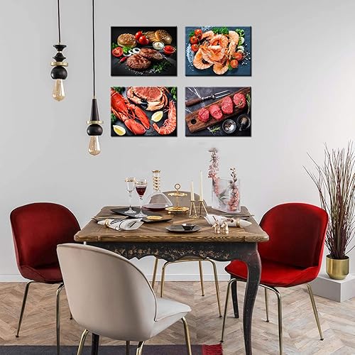 Miniatura 5 de Biuteawal - Impresiones en lienzo de comida deliciosa para cocina, decoración de pared de filete y camarones para cocinar en lienzo, 4 piezas de