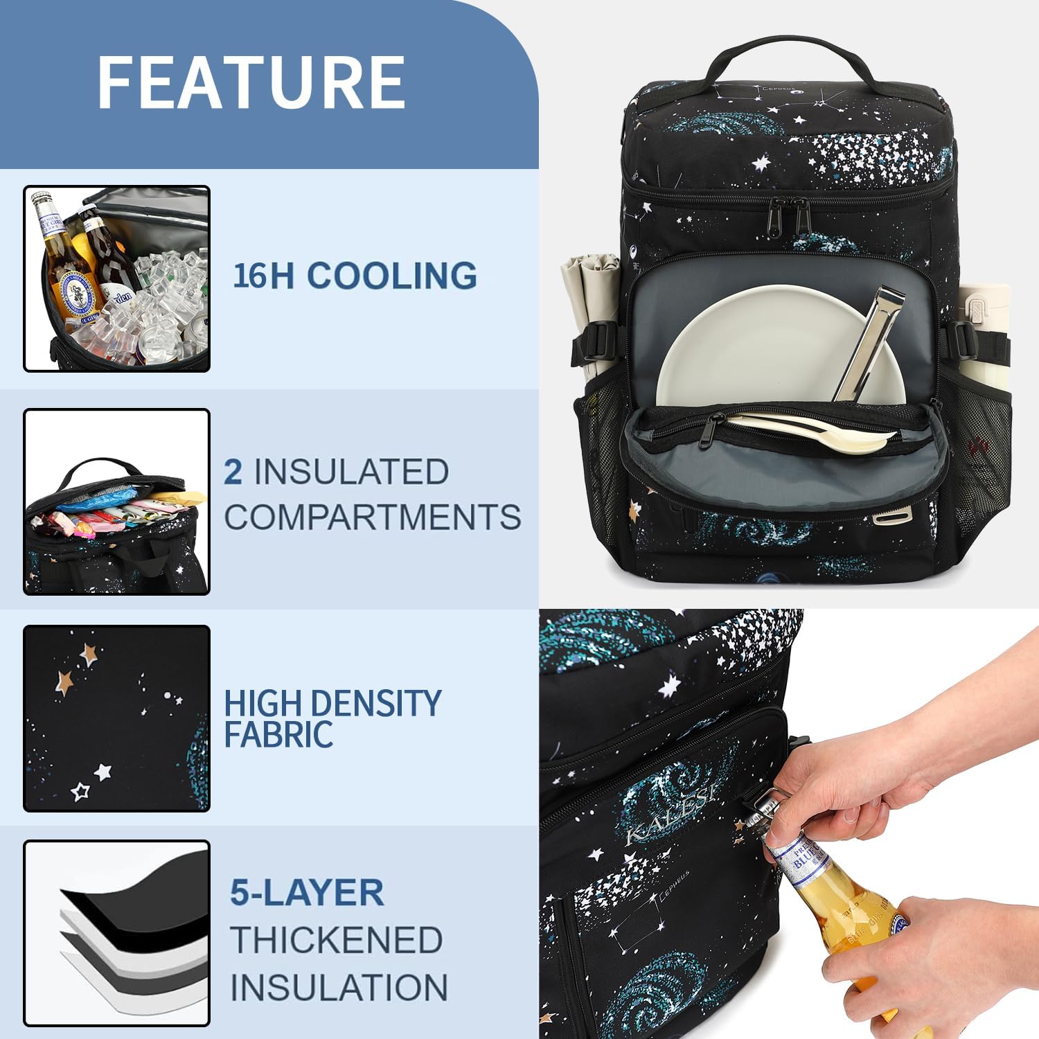 Kalesi Cooler Backpack 36 Cans Lightweight Insulated Backpack Cooler Leak-Proof Travel Camping Lunch Backpack Outdoor Cutlery Backpack for Men and Women