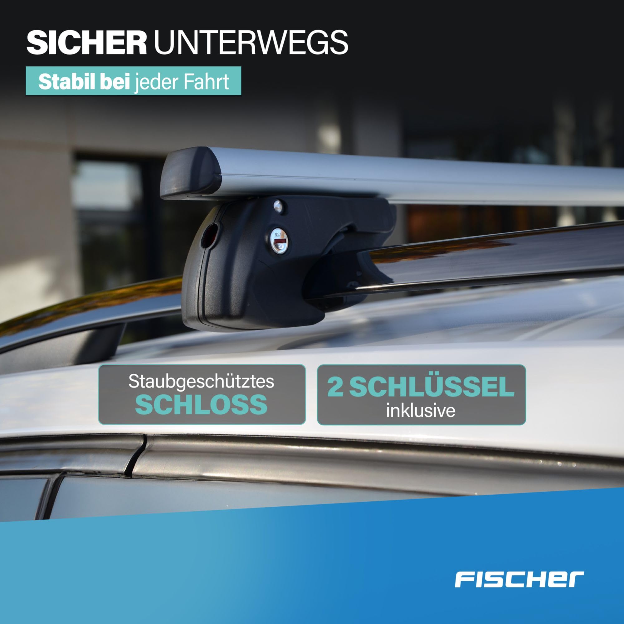 FISCHER Relingträger Topline L, für Fahrradträger, Dachboxen oder als Skihalter, für offene Dachrelinge, Aluminium, Tragkraft 90 kg, vormontiert, inklusive Schloss, Barrenstärke 45 x 28 mm, Barrenlänge 120 cm