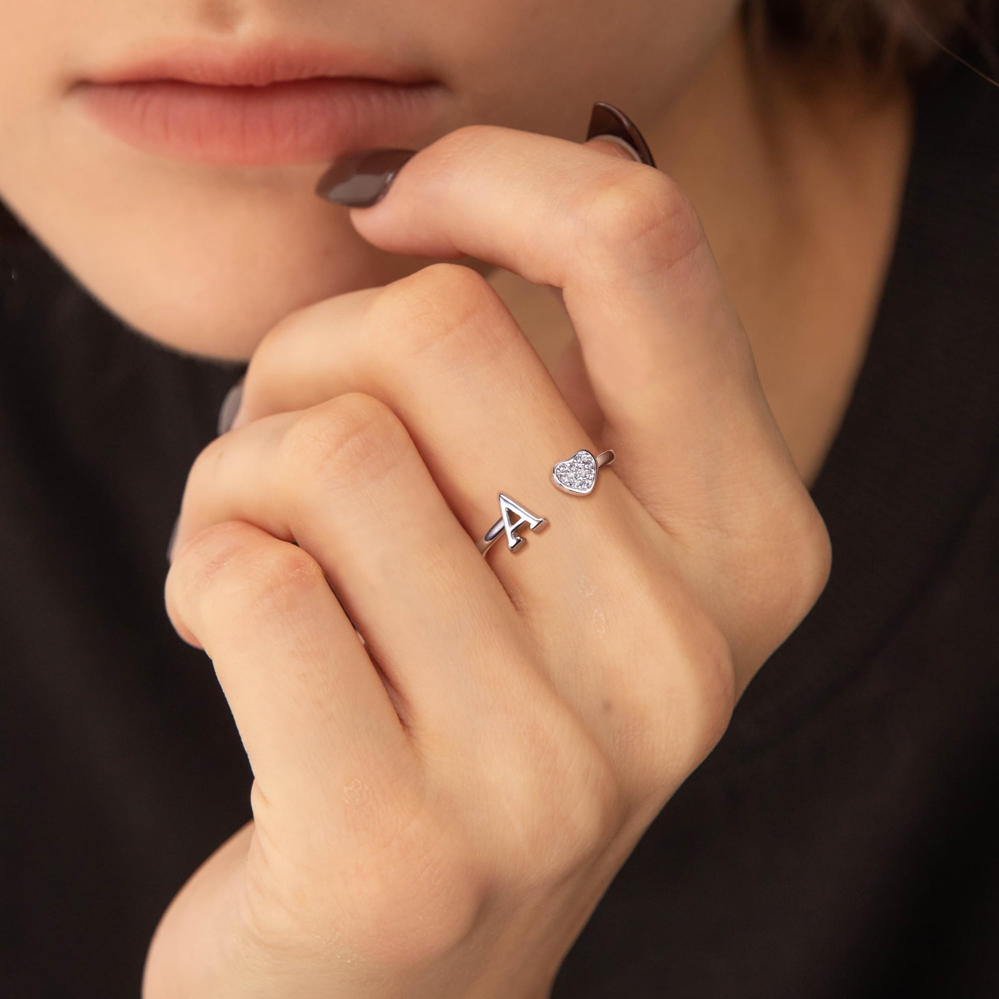 JeweBella Anelli Donna Argento 925 con Iniziale A-Z Anello Cuore Regolabili Anello di Promessa Anello Fidanzamento FEDI Nuziali Anelli Mignolo Anelli Pollice Donna Ragazza Gioielli con Scatola Regalo