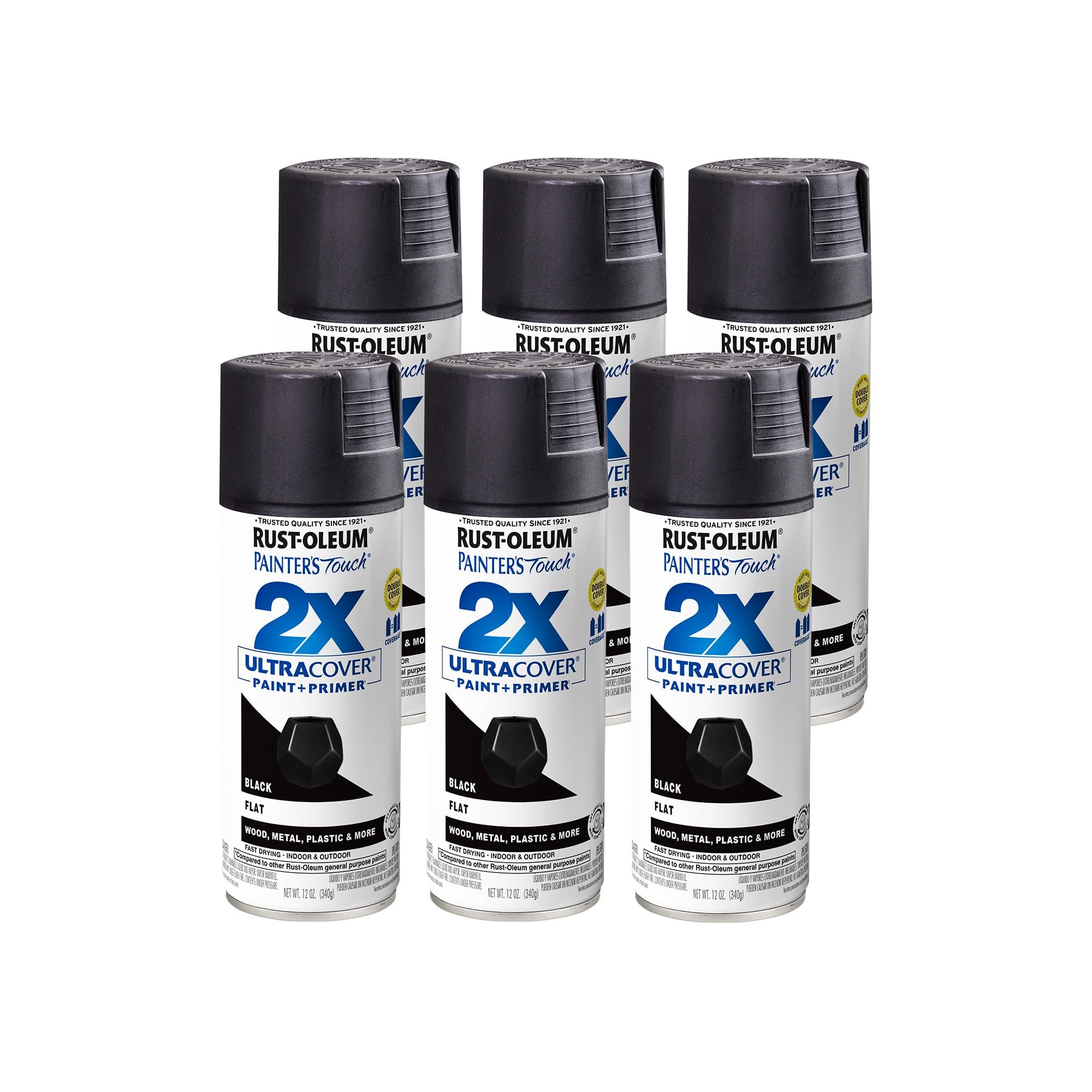 Rust-Oleum 334020-6PK Painter's Touch 2X Ultra Cover Spray Paint, 12 oz, Flat Black, 6 Pack