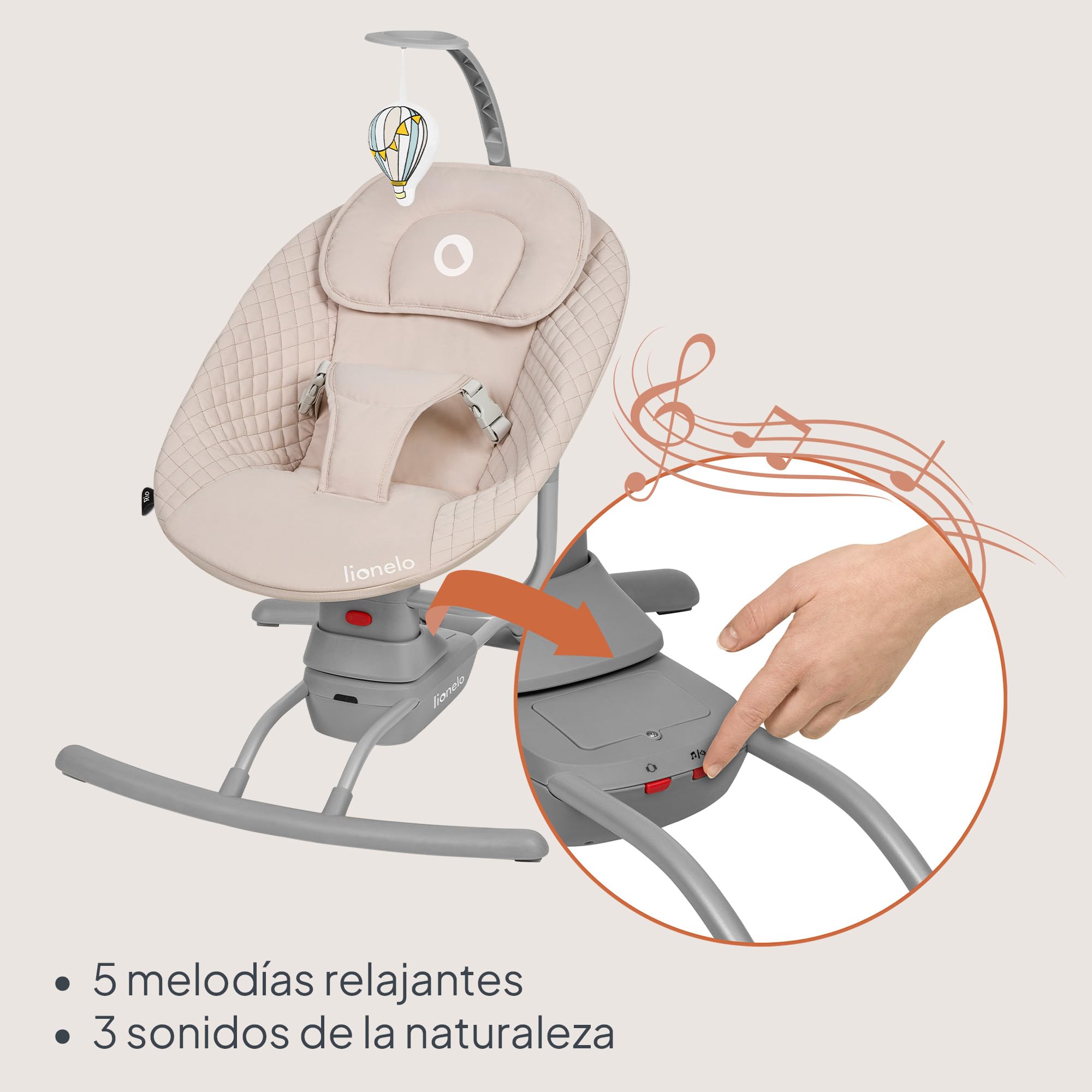 LIONELO Rio - Balancín eléctrico para niños de hasta 9 kg, respaldo ajustable, balancín de 3 velocidades, cinturones de seguridad con cojín, melodías y sonidos de la naturaleza, arco con juguete,