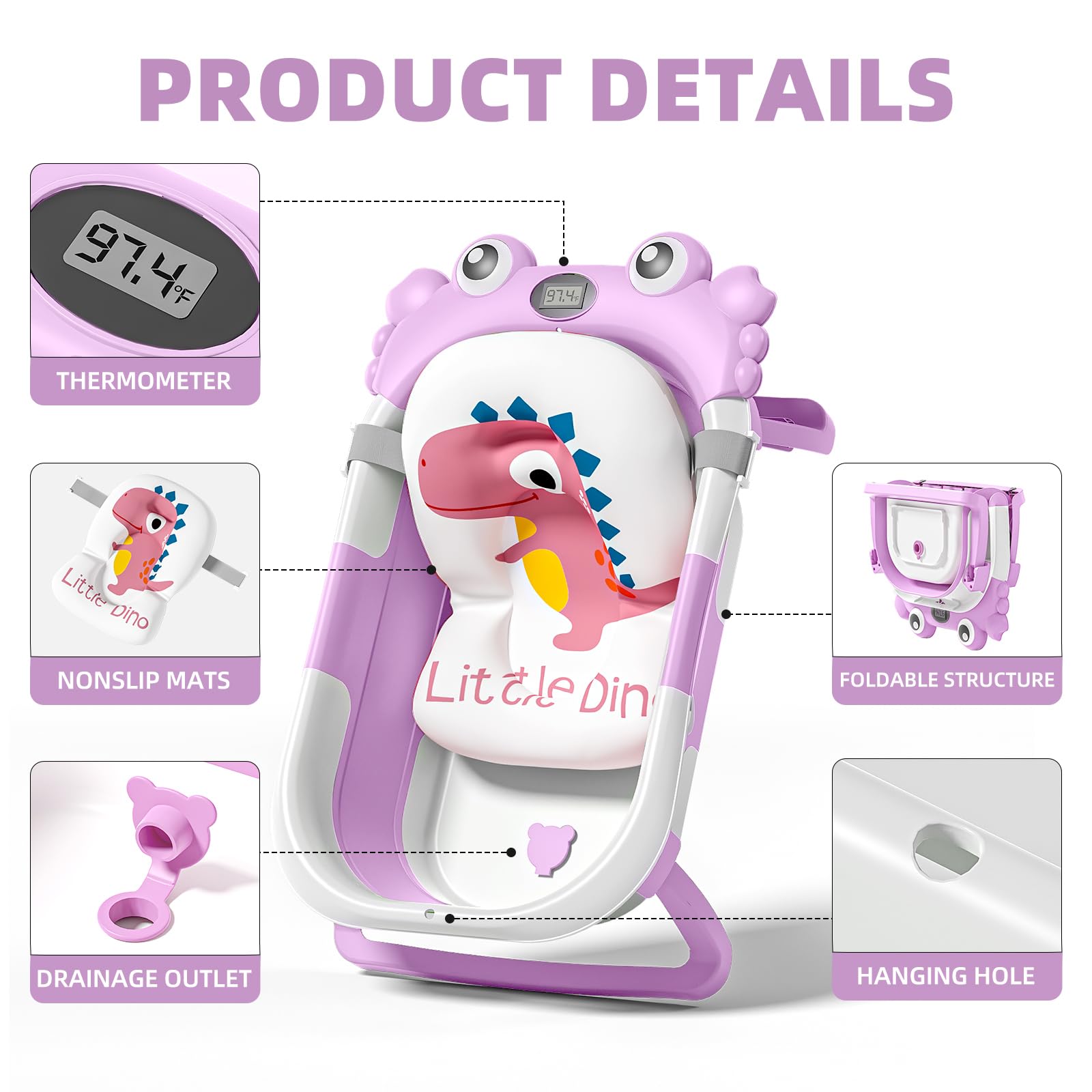 Bañera plegable para bebés y niños pequeños con monitor de temperatura en tiempo real + cojín flotante, juego de bañera plegable para bebés de 0 a 36 meses, bañera de viaje portátil para recién