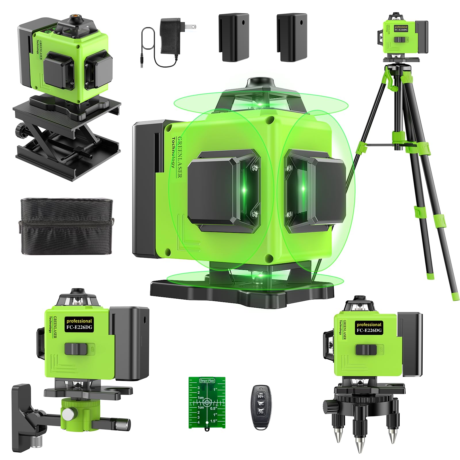 16 Green Lines Laser Level 4 x 360° – Precision 4D Laser with Adjustable Brightness, Self-Leveling, Incl. 2 Batteries – Ultra-Mobile in Protective Bag (SSS)