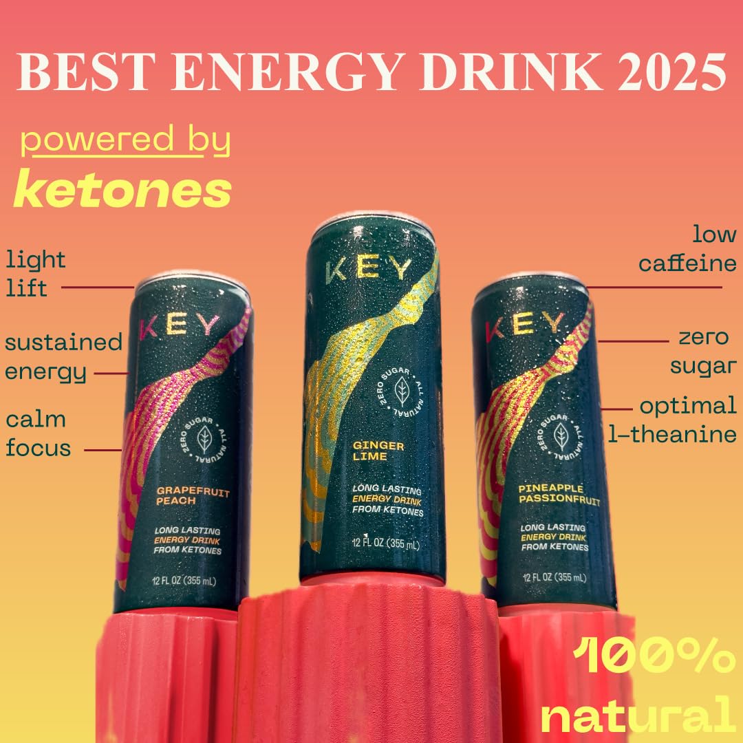 KEY Ketone Drink - Ketones for Energy & Focus, Sugar Free & Low Caffeine from Green Tea with L-Theanine, No Crash or Jitters, All Natural, Lightly Carbonated, Variety Pack (Pack of 6)
