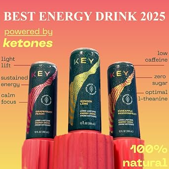 KEY Ketone Clean Energy Drink for Focus, Zero Sugar, Low Caffeine, Natural | Variety 6-Pack, 80mg Green Tea with L-Theanine, Healthy Energy, No Crash or Jitters, No Sucralose or Aspartame
