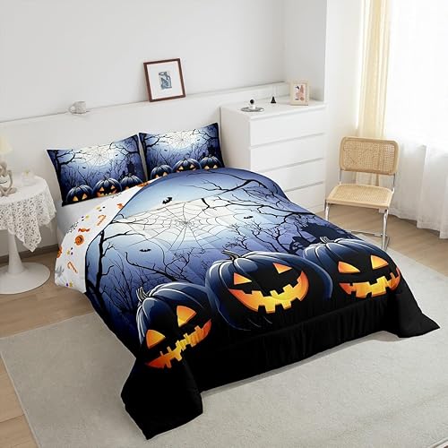 Miniatura 10 de Juego de ropa de cama de Halloween tamaño Queen, lindo juego de edredón con temática de truco o trato, juego de edredón de calabaza de Halloween,