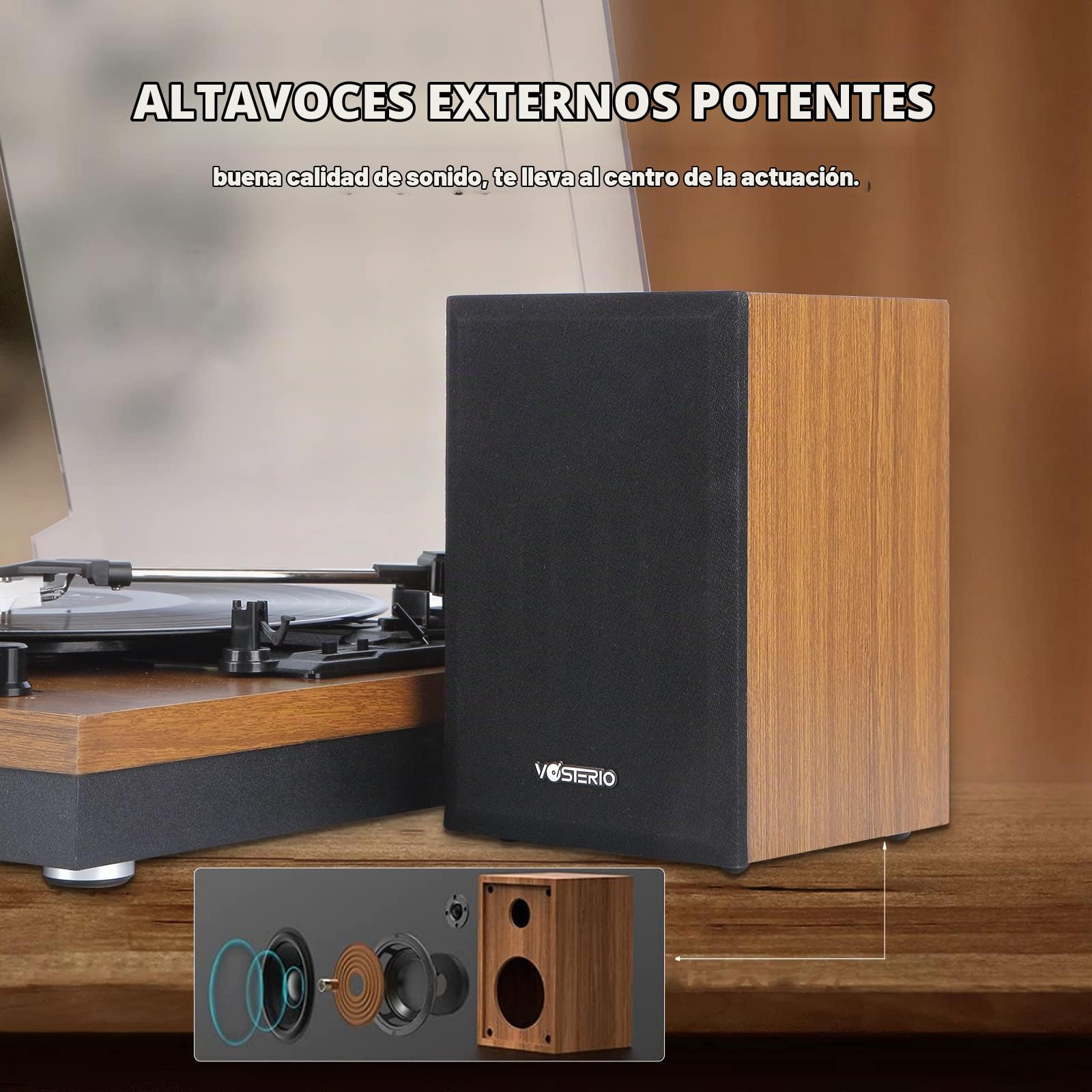Vosterio Tocadiscos Bluetooth, Tocadiscos de 3 velocidades accionado por Correa con Entrada y Salida Bluetooth, Entrada Auxiliar, Dos Altavoces externos de 15 W, Reproductor de vinilos Retro, Nogal